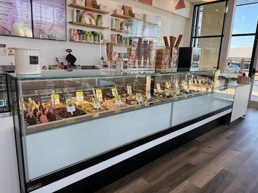 A line-up of gelato flavors before the store opens at The Gelatist Italian pastry and Gelato shoppe near Traveler's Rest SC